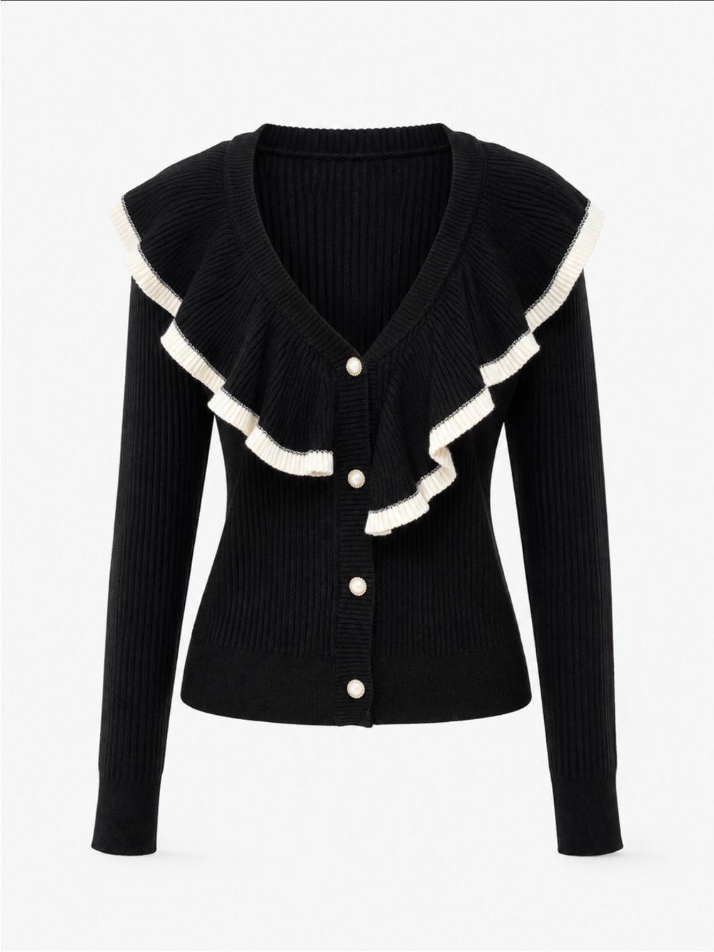 Black Ruffle-Trim Button Cardigan Sweater